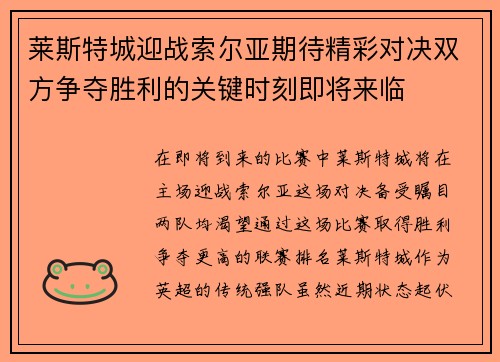 莱斯特城迎战索尔亚期待精彩对决双方争夺胜利的关键时刻即将来临