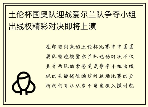 土伦杯国奥队迎战爱尔兰队争夺小组出线权精彩对决即将上演